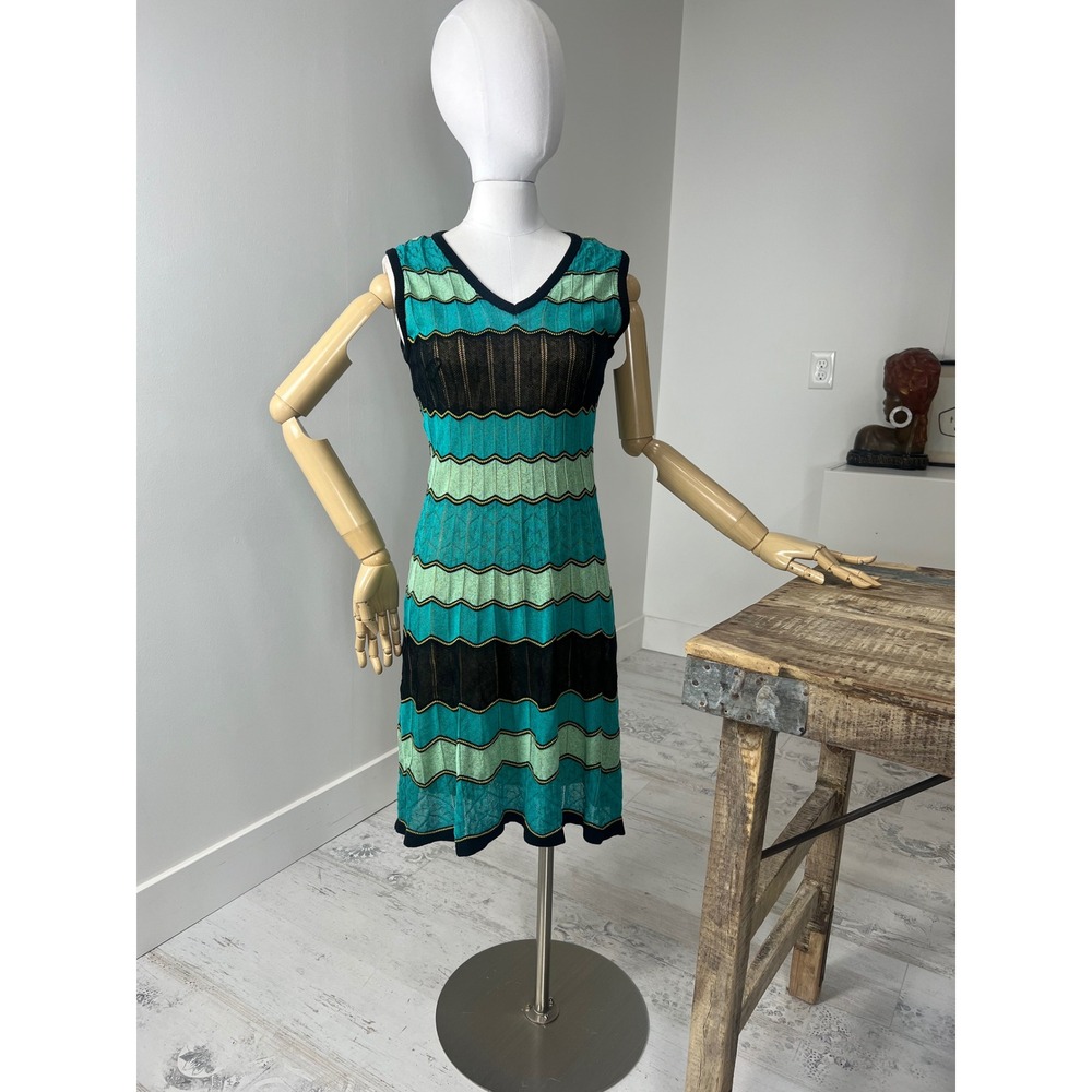M Missoni Teal Green Black Zigzag Knit V-Neck Sleeveless Midi Dress IT 40‎